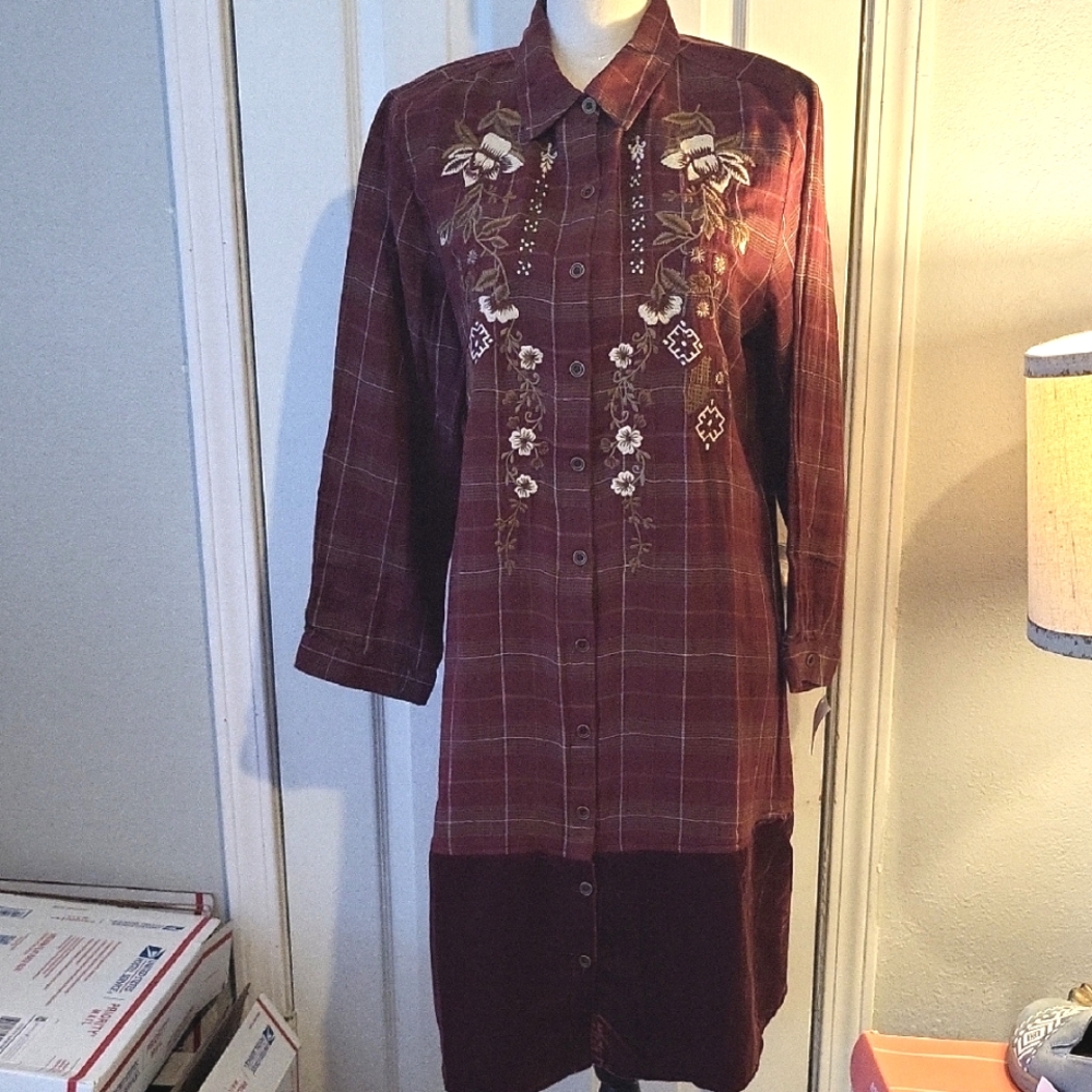Long Sleeve Burgundy Plaid Embroidered Shirt Dress